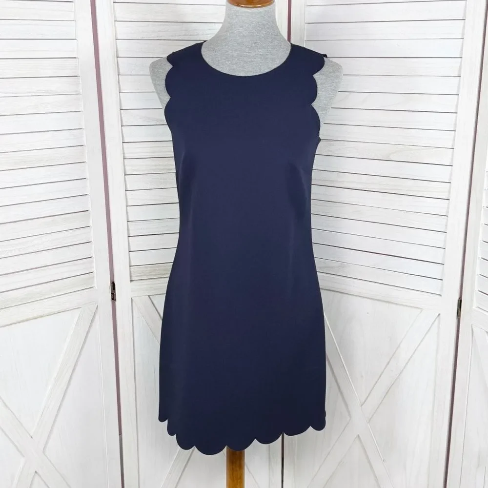 J. Crew Scallop Edge Shift Dress Navy Blue 2 Nautical Preppy Mini Sleeveless